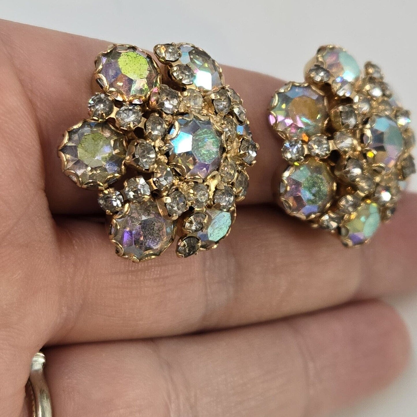 Vintage Weiss N. Y. Large Sparkling AB Rhinestones Round Clip On Earrings Bling