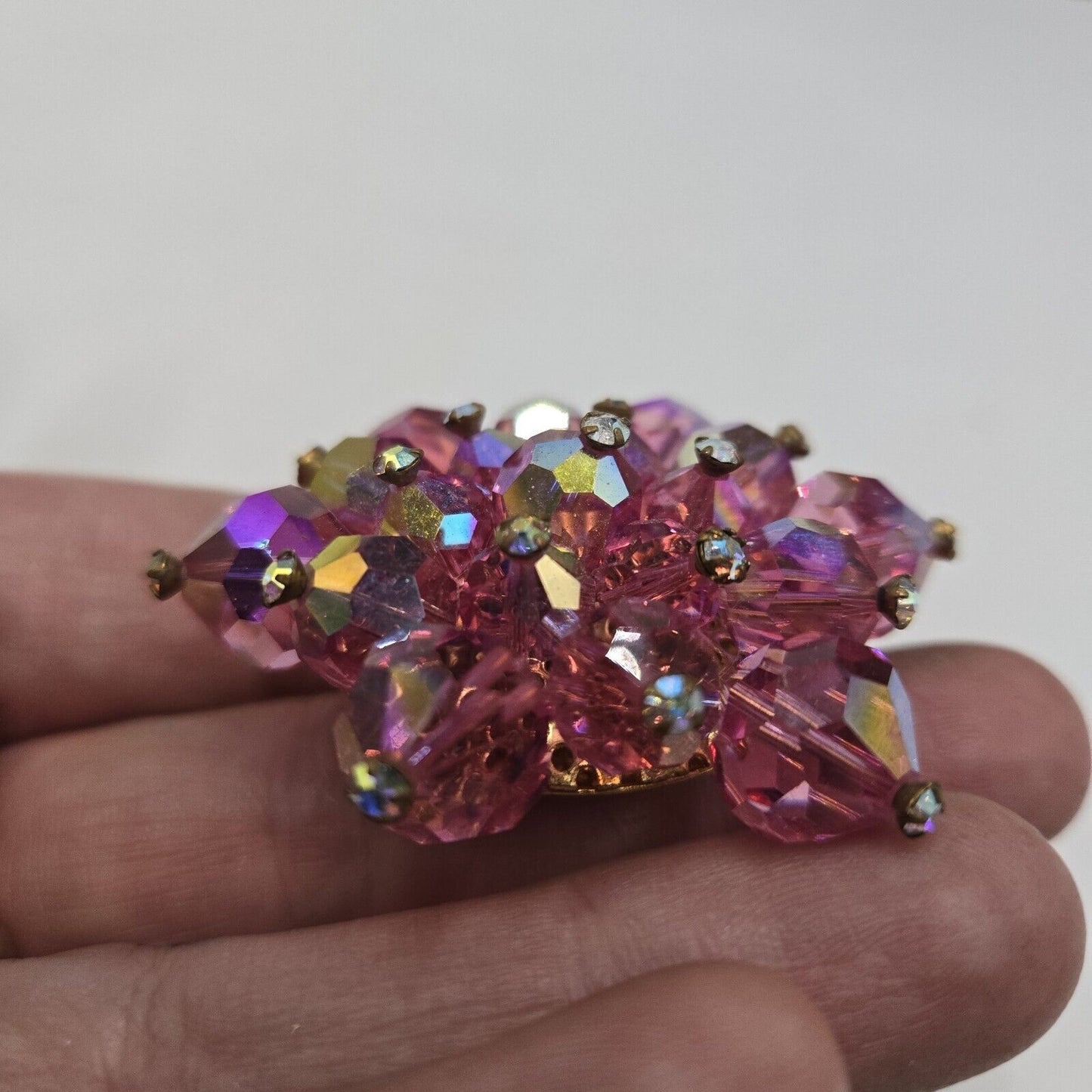 Vintage Austrian Crystal Flower Pink Cluster Rhinestones Gold Brooch Pin Bling