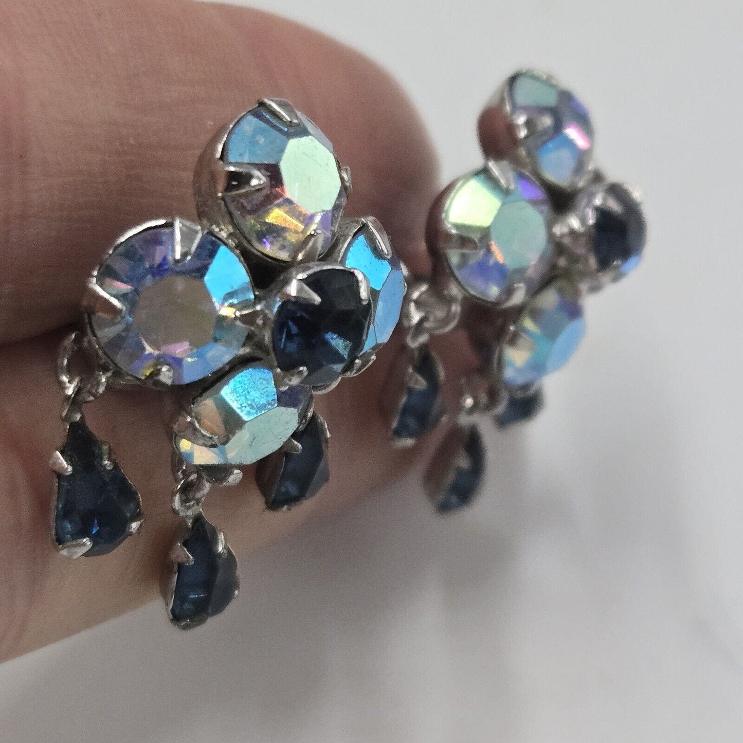 Vintage Adele Simpson High End Blue Aurora Crystals Raindrops Clip Earrings