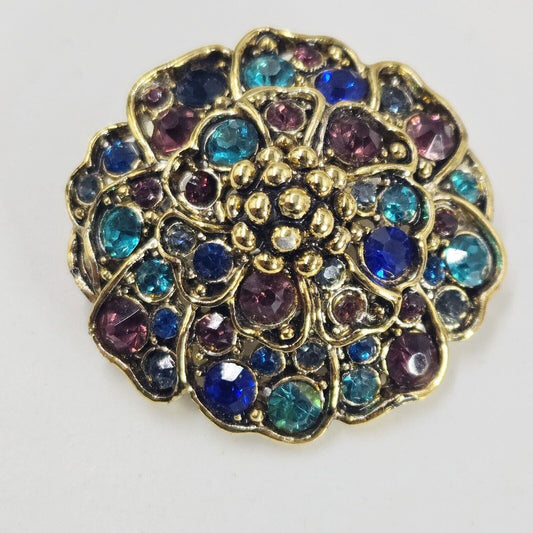 Vintage Hollycraft Flower Green Purple Blue Cluster Rhinestones Round Brooch