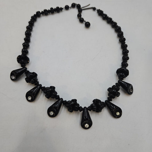 Vintage Retro 1940s Germany Unique Cut Black Glass Beads Necklace Choker 16"