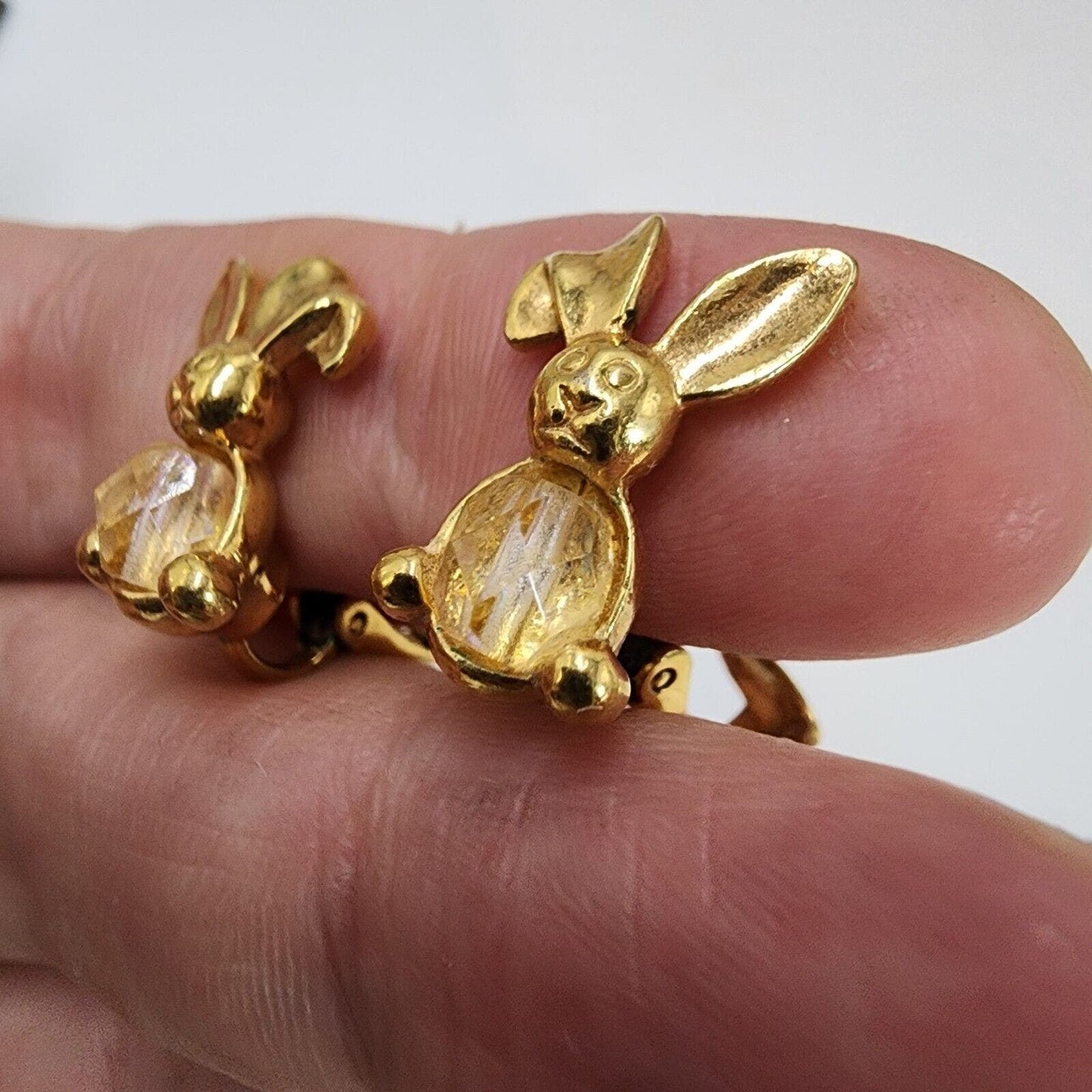 Vintage AVON Easter Bunny Rabbit Clip On Crystal Earrings Gold Tone Finish