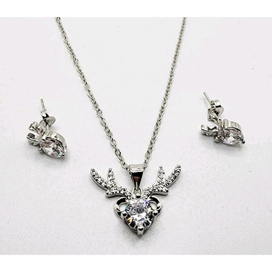 New Round Cut Moissanite Reindeer Pendant Sterling Silver Necklace Earrings Set