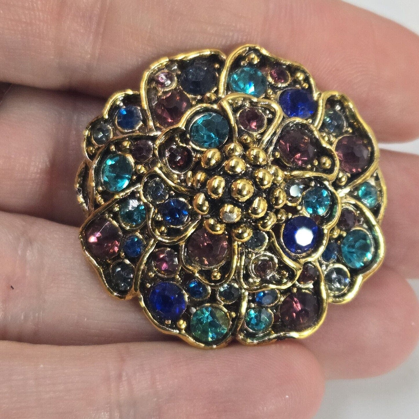 Vintage Hollycraft Flower Green Purple Blue Cluster Rhinestones Round Brooch