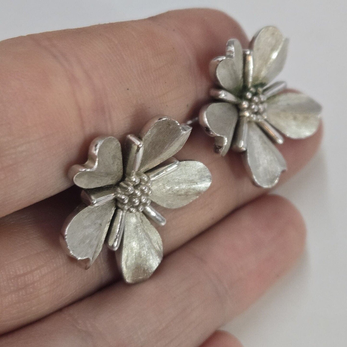 Vintage Crown TRIFARI Matte Silver Tone Dogwood Flower Clip On Earrings