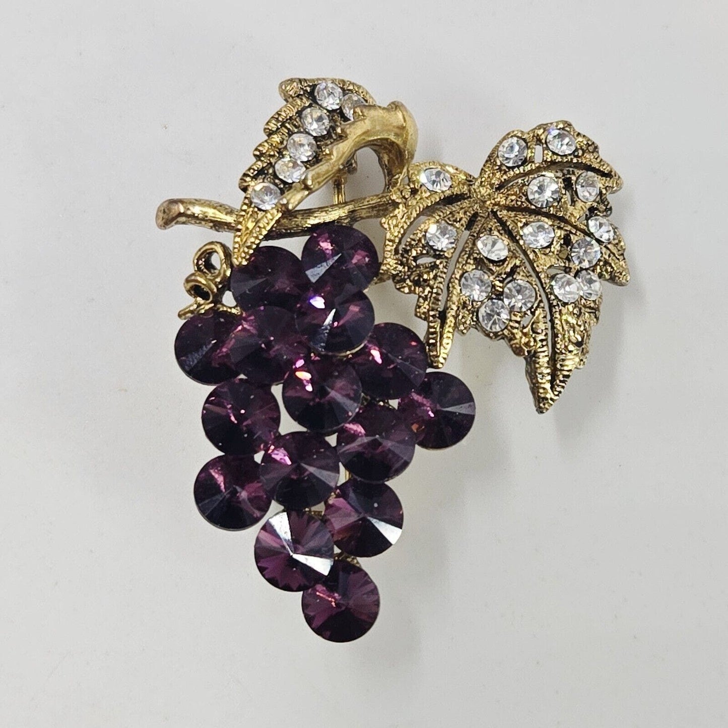 Vintage Signed EISENBERG ICE Purple Grapes Rivoli Rhinestone Leaf 1960s Brooch