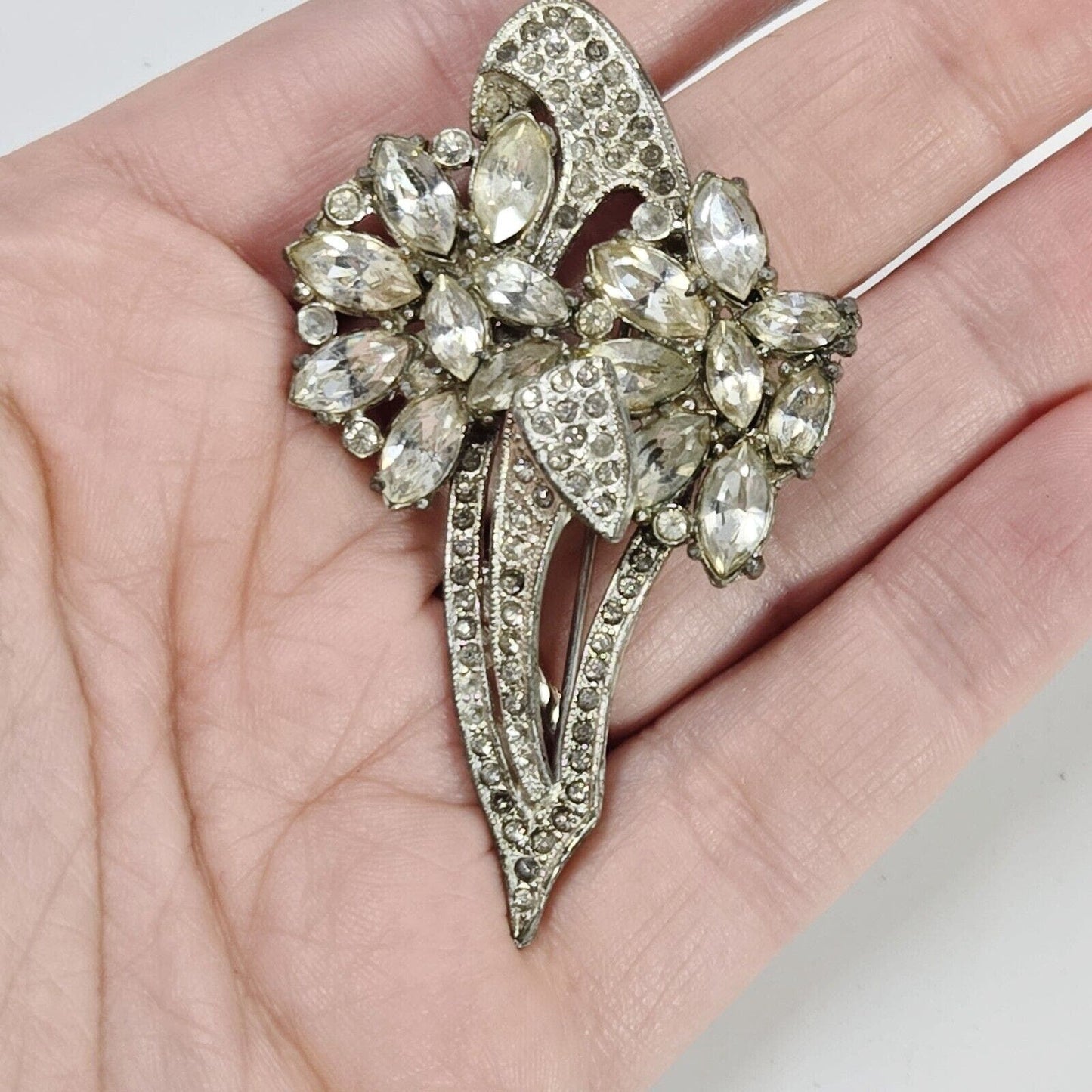 Vintage Art Deco Flower Paste Marquise Rhinestones Silver Tone Brooch Signed KC