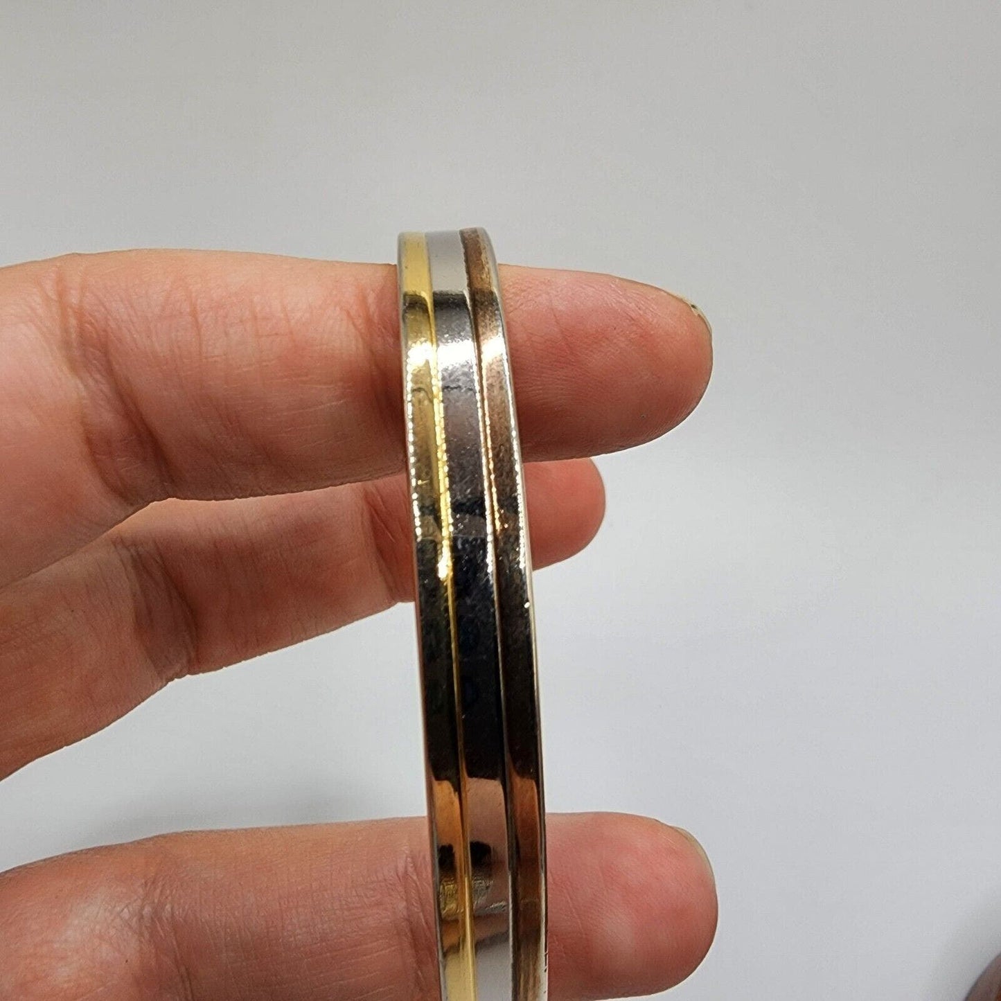 Vintage 24k Gold Electroplate Three Tone Thin 7" Cuff Bracelet Silver Copper