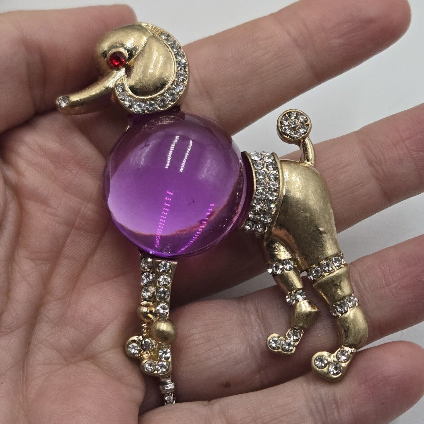 Large Vintage Inspired Purple Lucite Cabochone Belly Poodle Dog Fancy Brooch Pin