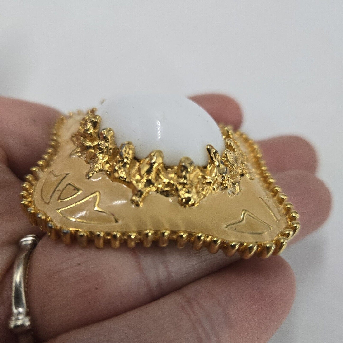 Vintage Jomaz Milk Glass Cabochon Oversized Gold Tone Enamel Brooch Pin Rhombus