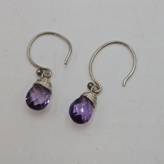 Purple Faceted Amethyst Earrings 925 Sterling Silver Hoop Dangle Handmade