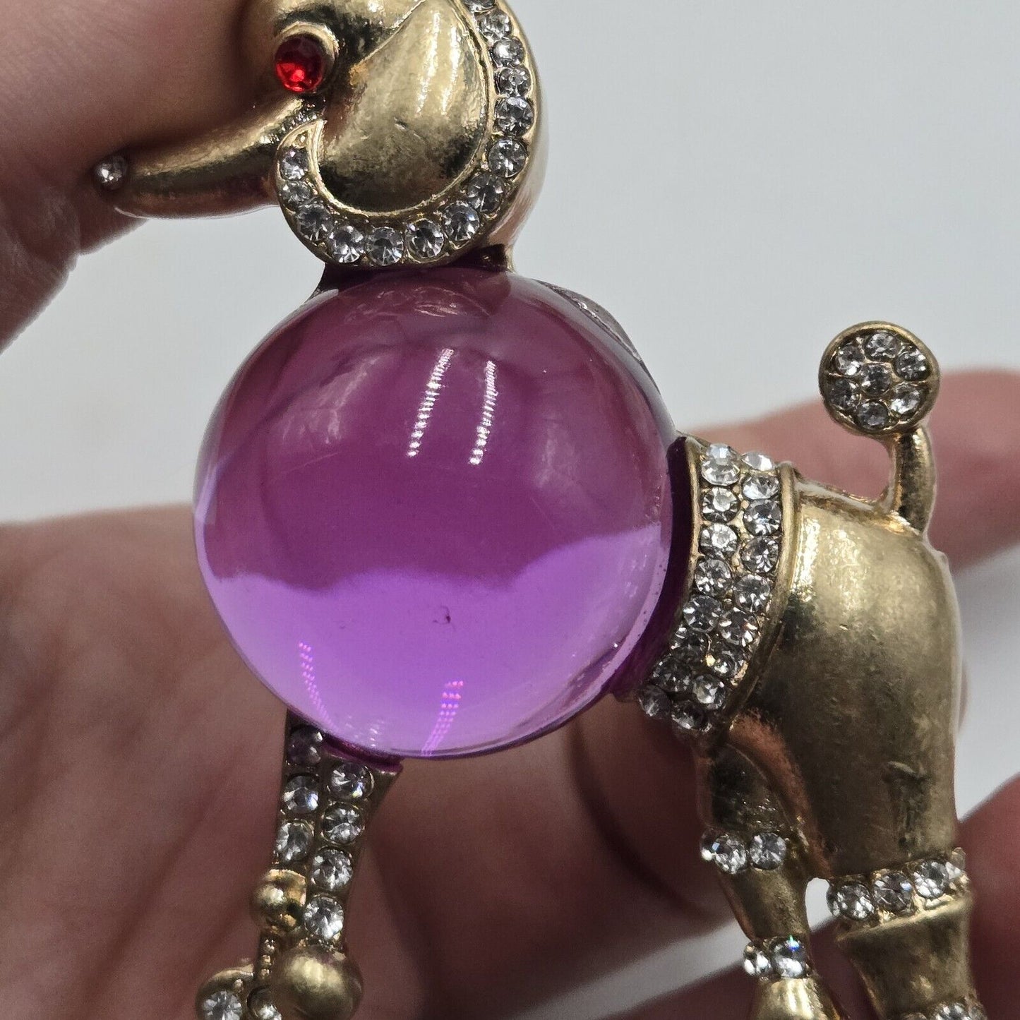 Large Vintage Inspired Purple Lucite Cabochone Belly Poodle Dog Fancy Brooch Pin