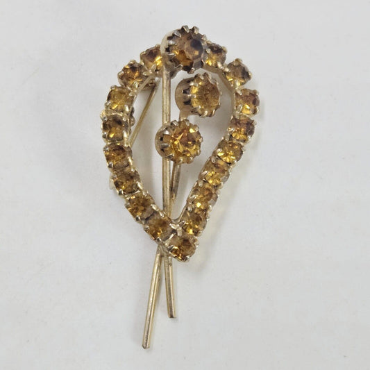 Vintage Amber Rhinestones Floral Spray Gold Tone Brooch Pin Prong Set