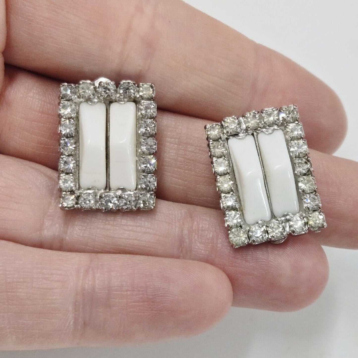 Vintage 50's-60's Kramer Geometric Unique Clip On Earring Milkglass & Rhinestone