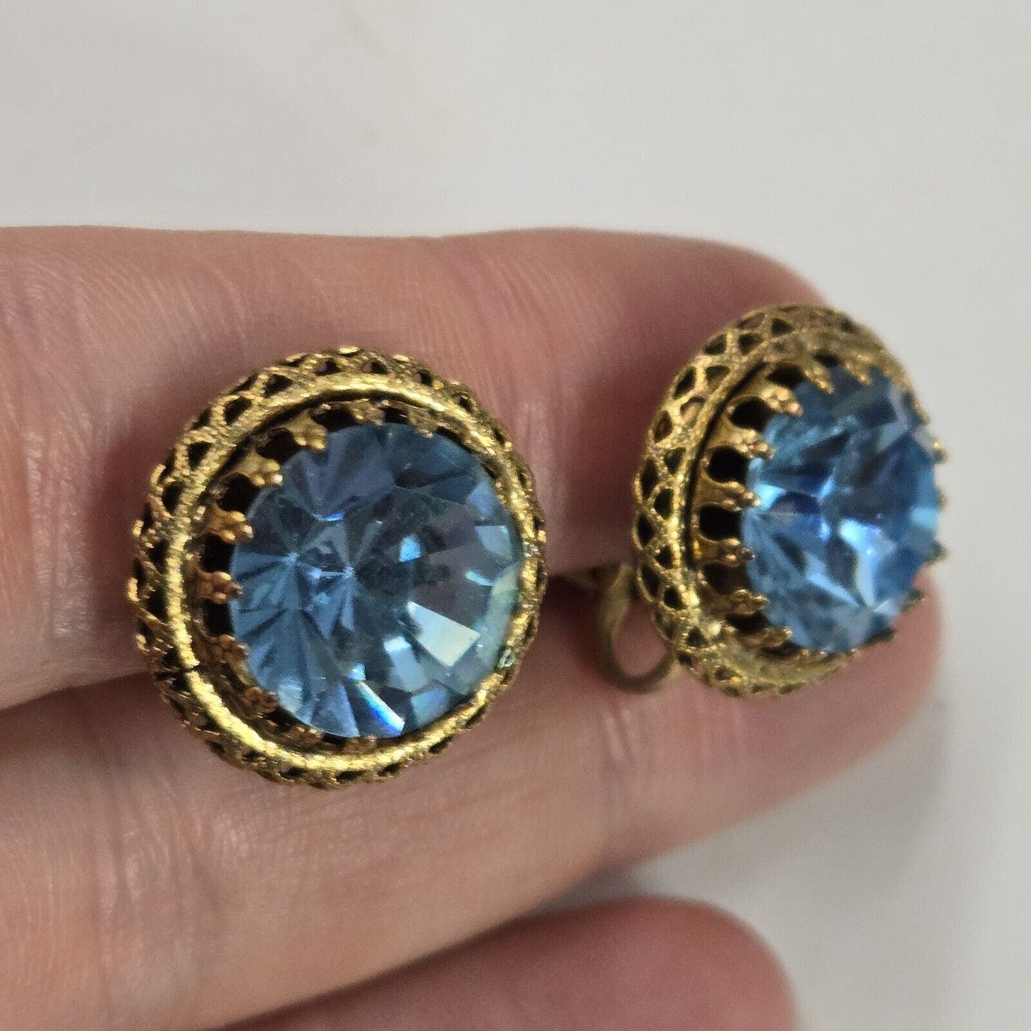 Vintage Gold Tone Blue Headlight Sparkling Rhinestone Clip Earrings Statement