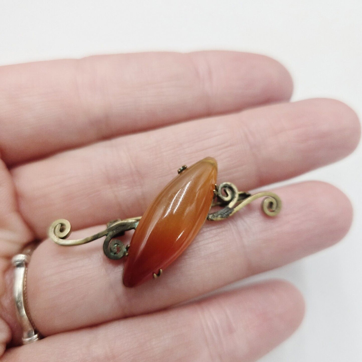 Vintage Antique Victorian Carnelian Brass Scrolling Old C Clasp Brooch Pin