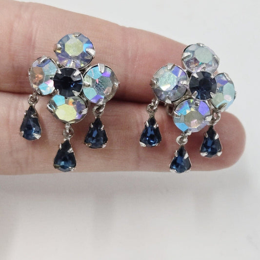 Vintage Adele Simpson High End Blue Aurora Crystals Raindrops Clip Earrings