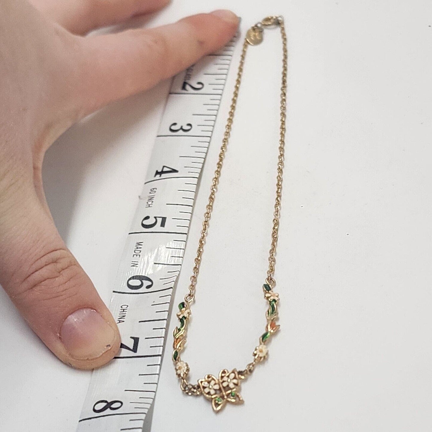 Vintage Park Lane Enamel Necklace Butterfly Gold Tone Flower Chain 16" Dainty