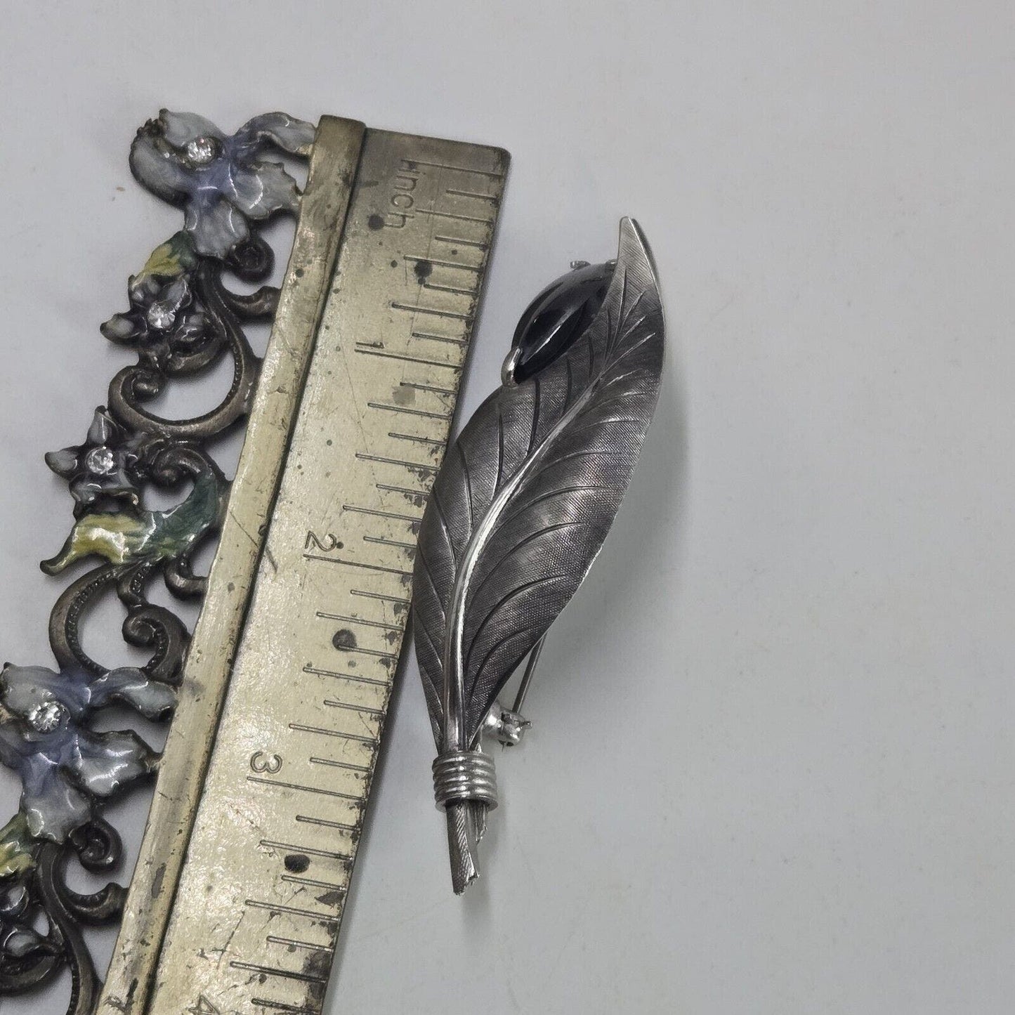 Vintage Hematite Cabochon Brooch Brushed Silver Tone Layered Leaves Pin Autumn