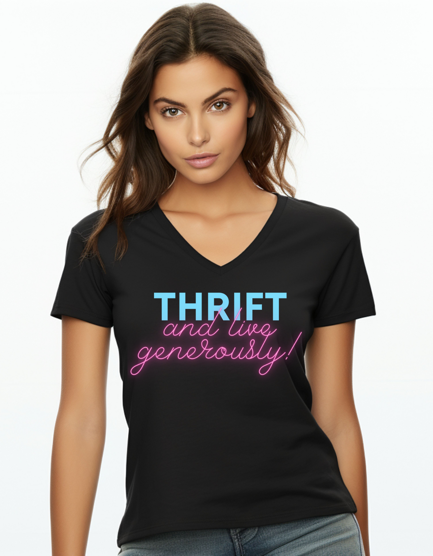 Thrift and live generously Unisex Jersey Short Sleeve V-Neck Tee