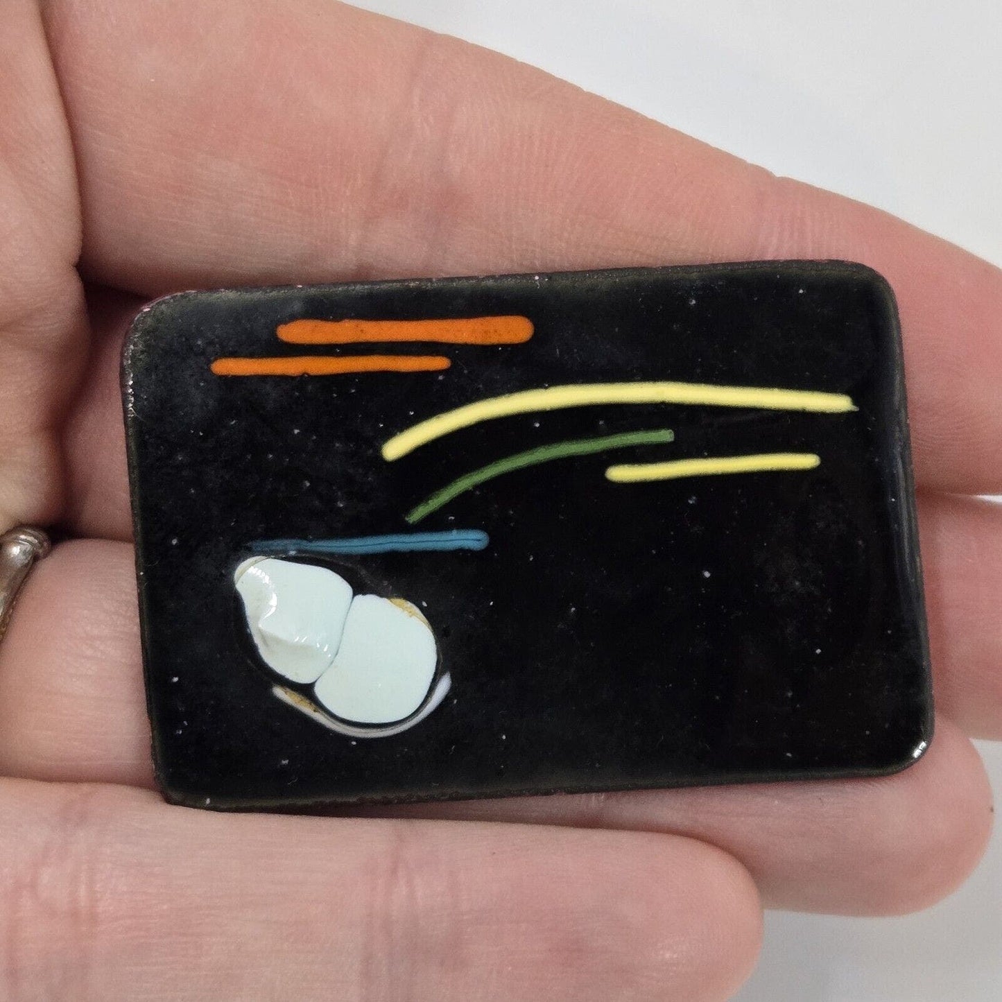 Vintage Enameled Copper Brooch Abstract Rainbow Cloud Art Pin MCM Rectangle