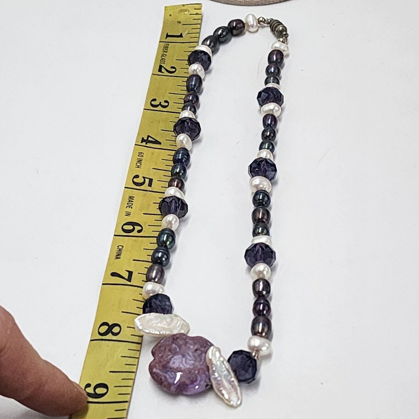 Artisan Peacock Pearl Beaded Necklace Cross Pendent Violet Charoite Lepidolite