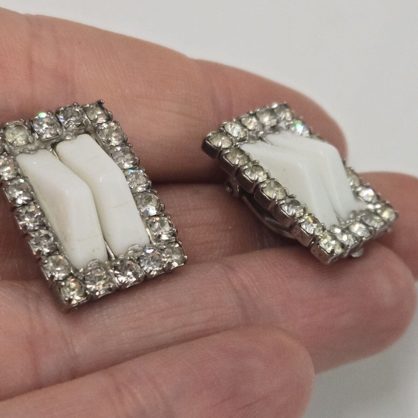 Vintage 50's-60's Kramer Geometric Unique Clip On Earring Milkglass & Rhinestone