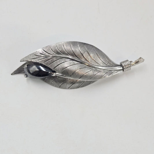 Vintage Hematite Cabochon Brooch Brushed Silver Tone Layered Leaves Pin Autumn