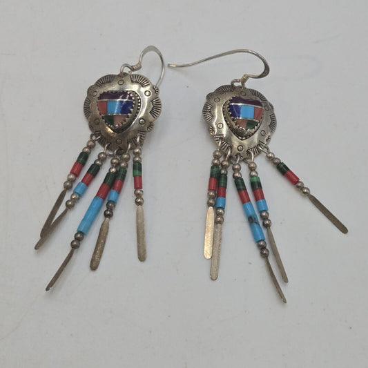 Vintage TK Navajo Sterling Silver Pierced Heart Earrings Mosaic Turquoise Coral