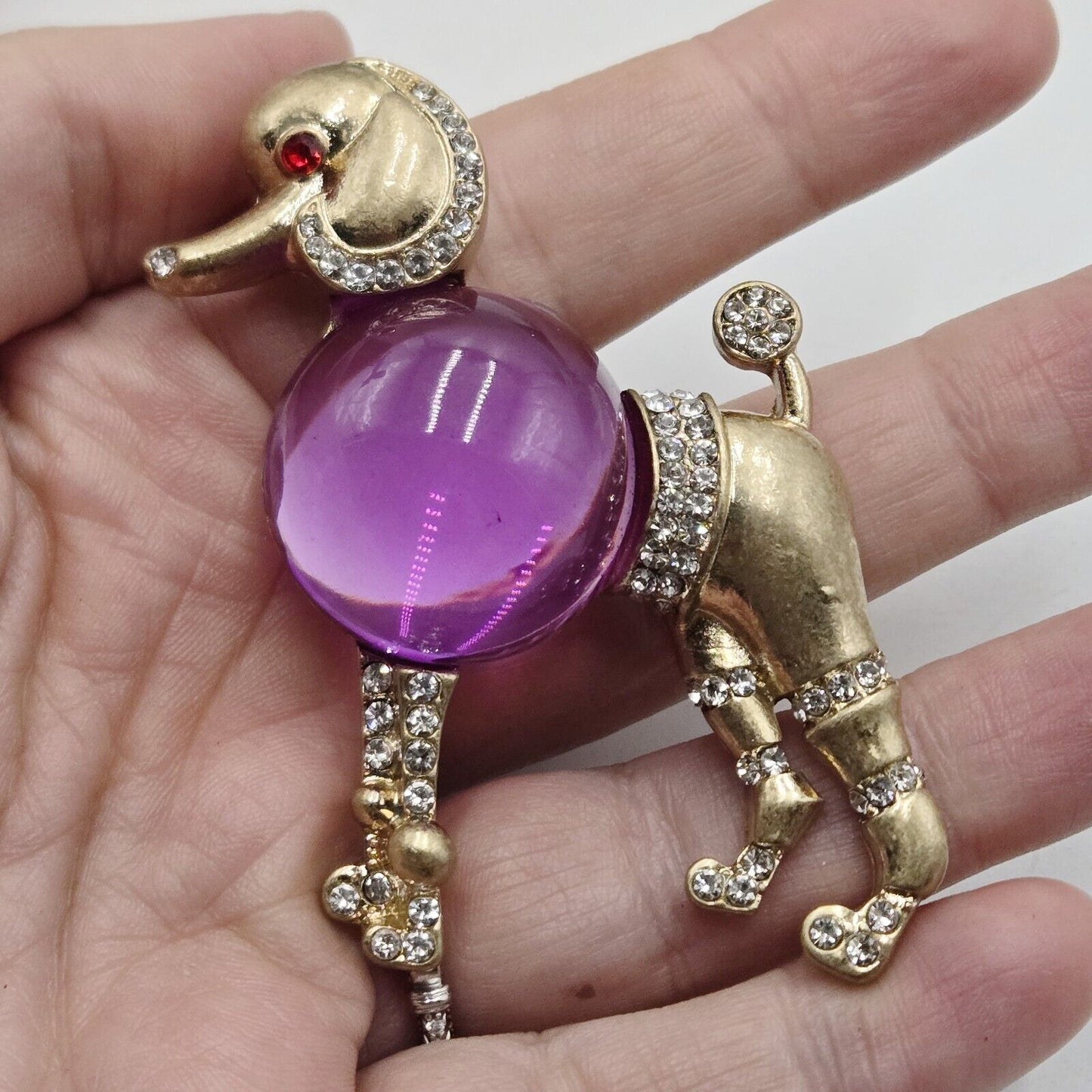 Large Vintage Inspired Purple Lucite Cabochone Belly Poodle Dog Fancy Brooch Pin