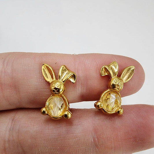 Vintage AVON Easter Bunny Rabbit Clip On Crystal Earrings Gold Tone Finish