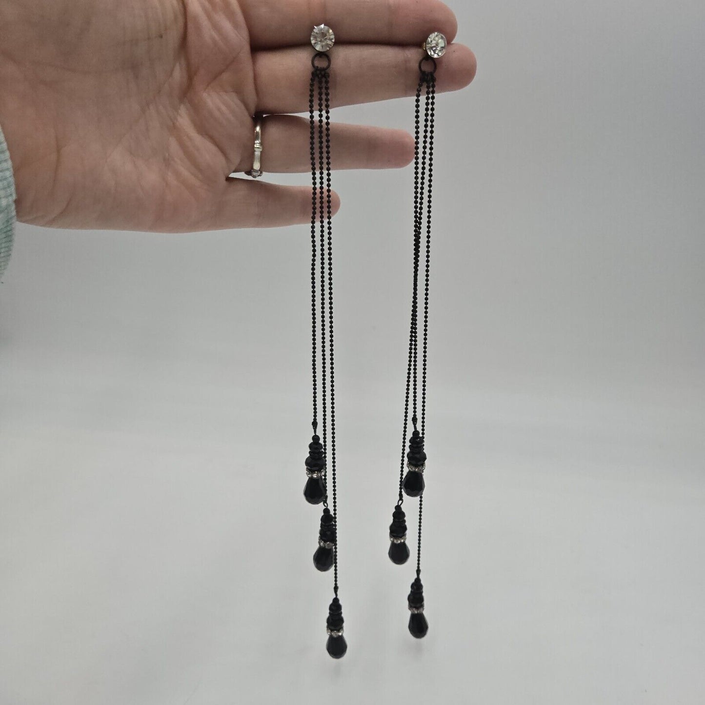 Vintage Extra Long 10" Crystal Black Glass Bead Dangle Pierced Earrings Unique