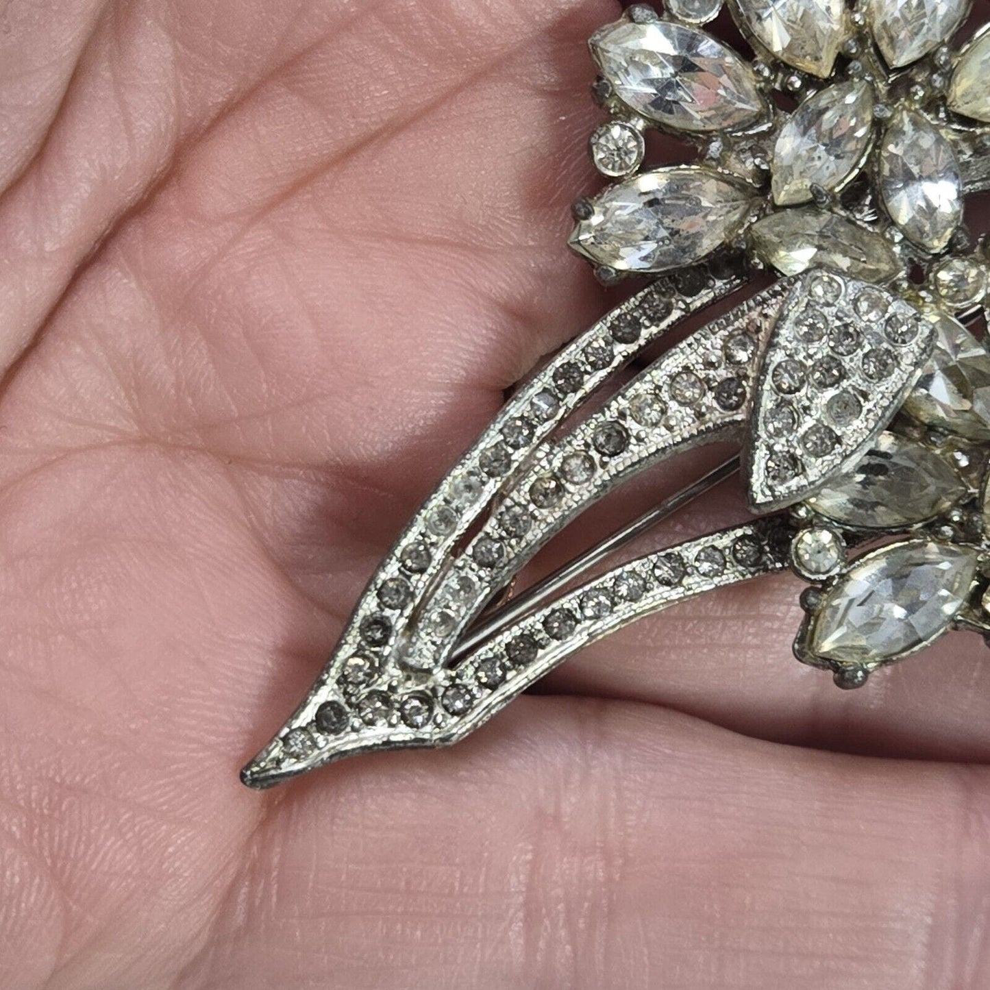 Vintage Art Deco Flower Paste Marquise Rhinestones Silver Tone Brooch Signed KC