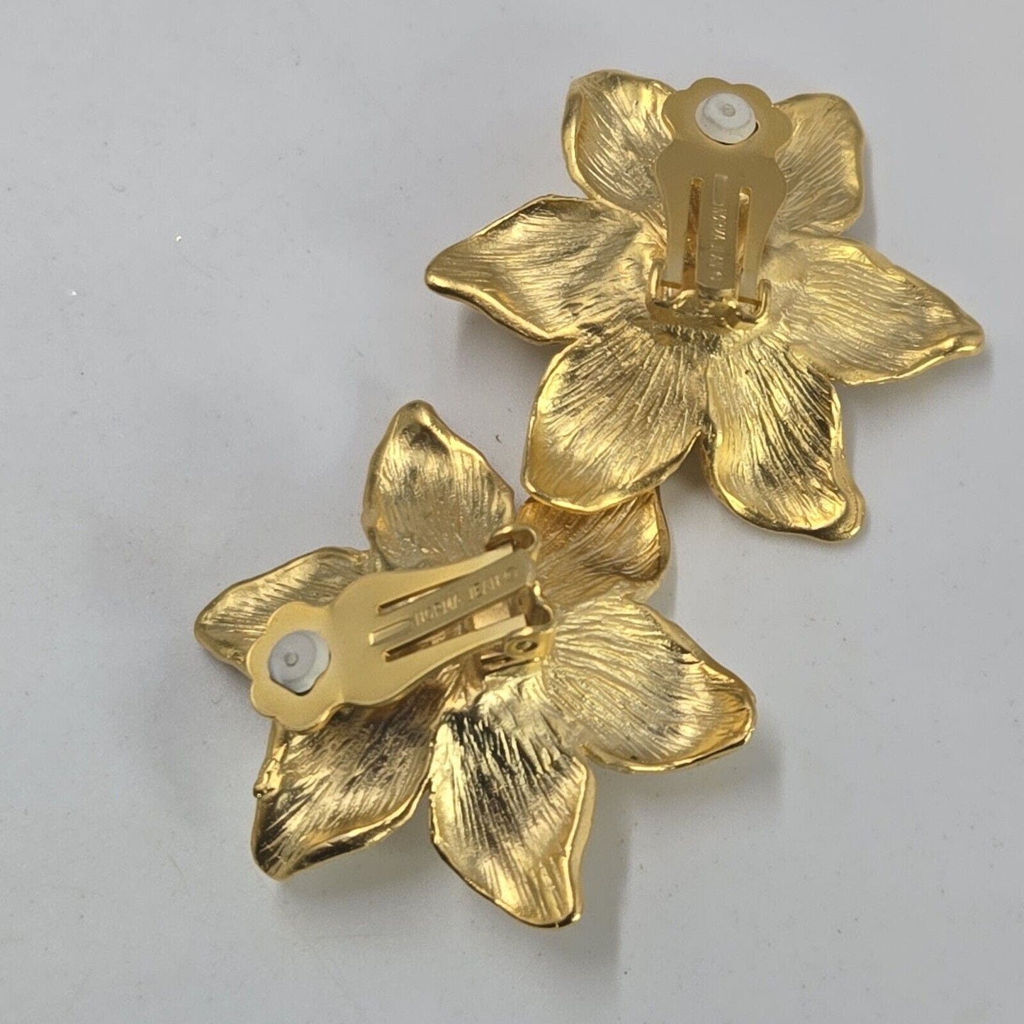 Vintage Norma Jean Flower Earrings Matte Gold Tone 1980s Clip On Haute Couture