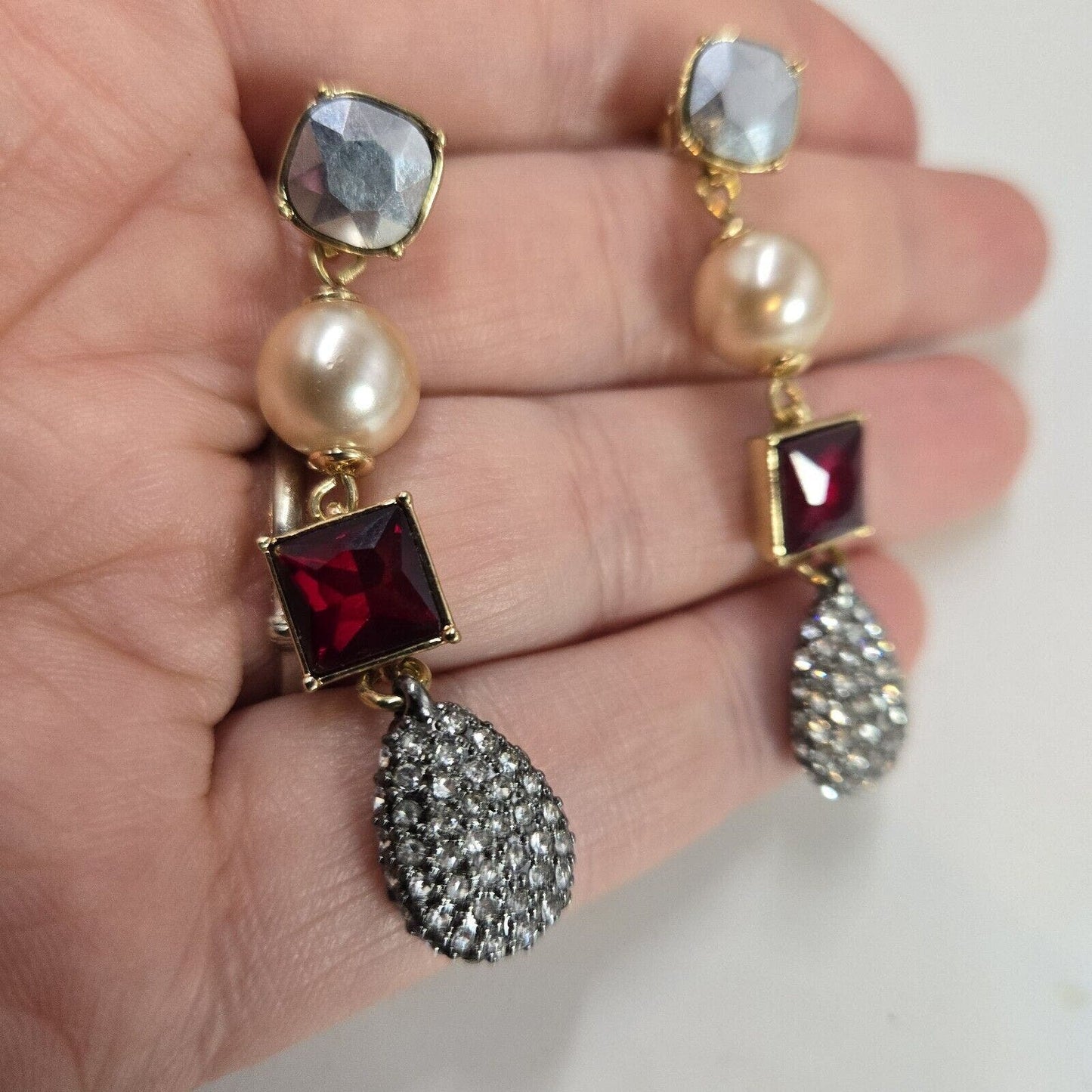 Avon NRQ Ruby Red Color Gold Tone Faux Pearl Drop Dangle Earrings 2" Long