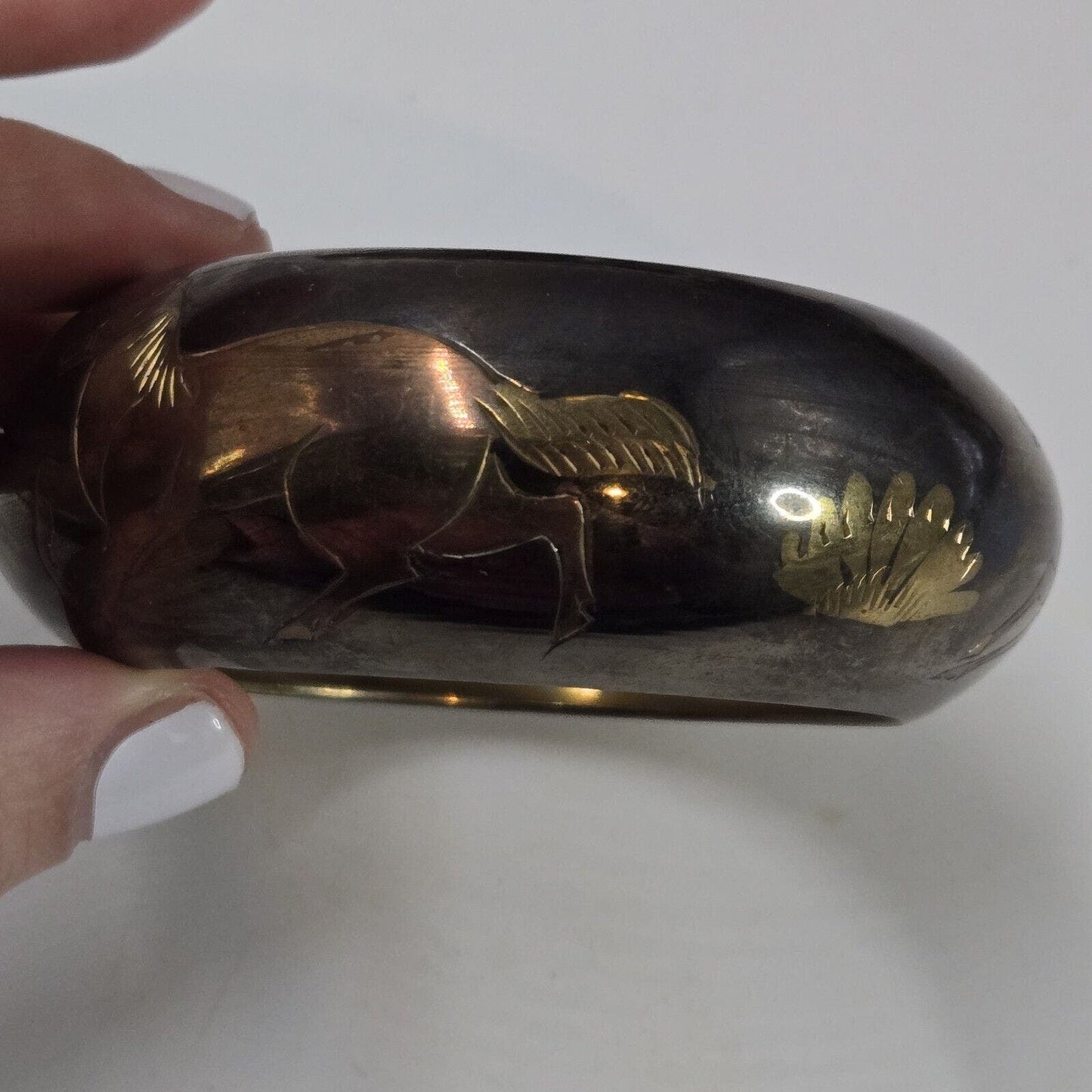 Vintage Brass Hand Etched Horses Boho Made In India Bangle Bracelet Wide Band 8"