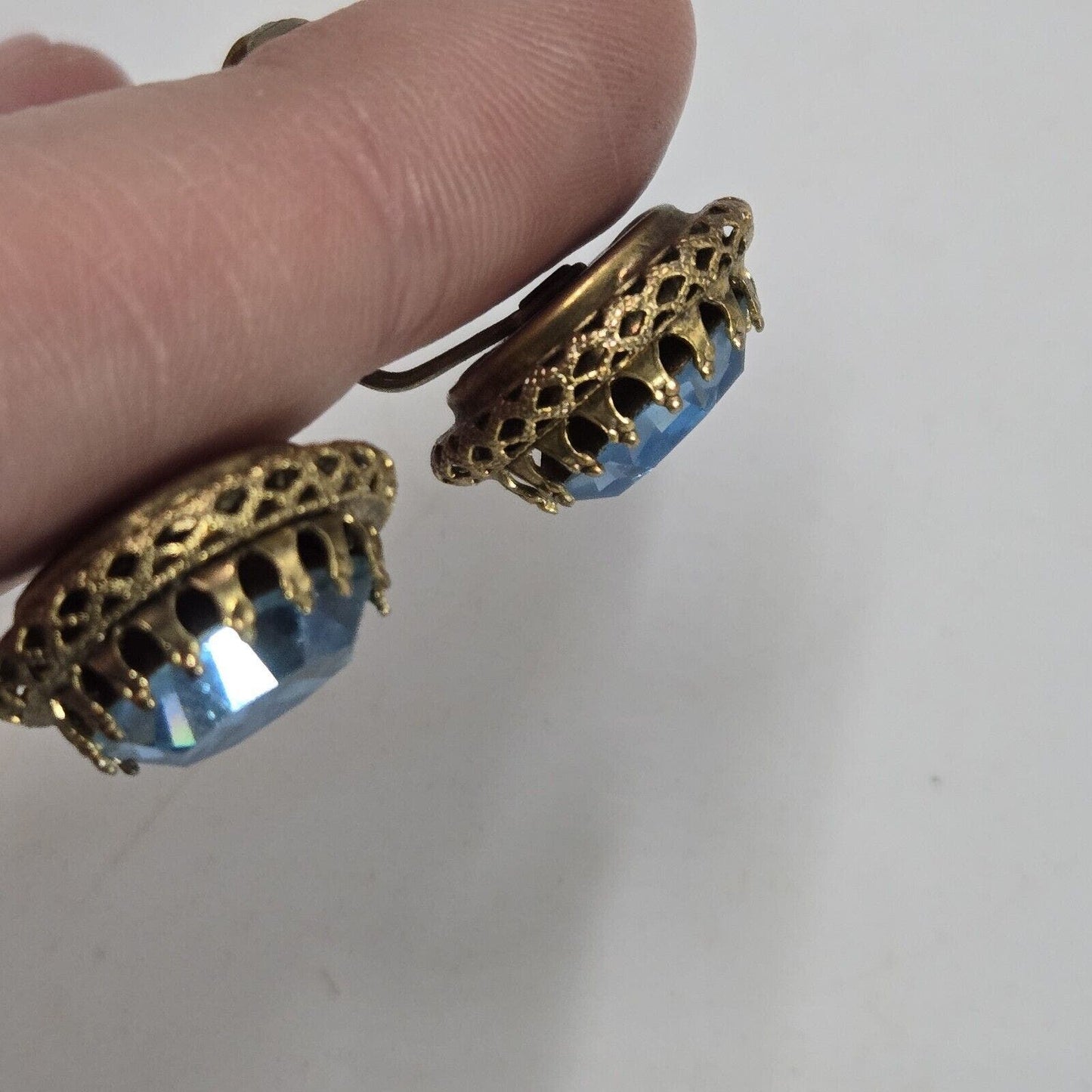 Vintage Gold Tone Blue Headlight Sparkling Rhinestone Clip Earrings Statement