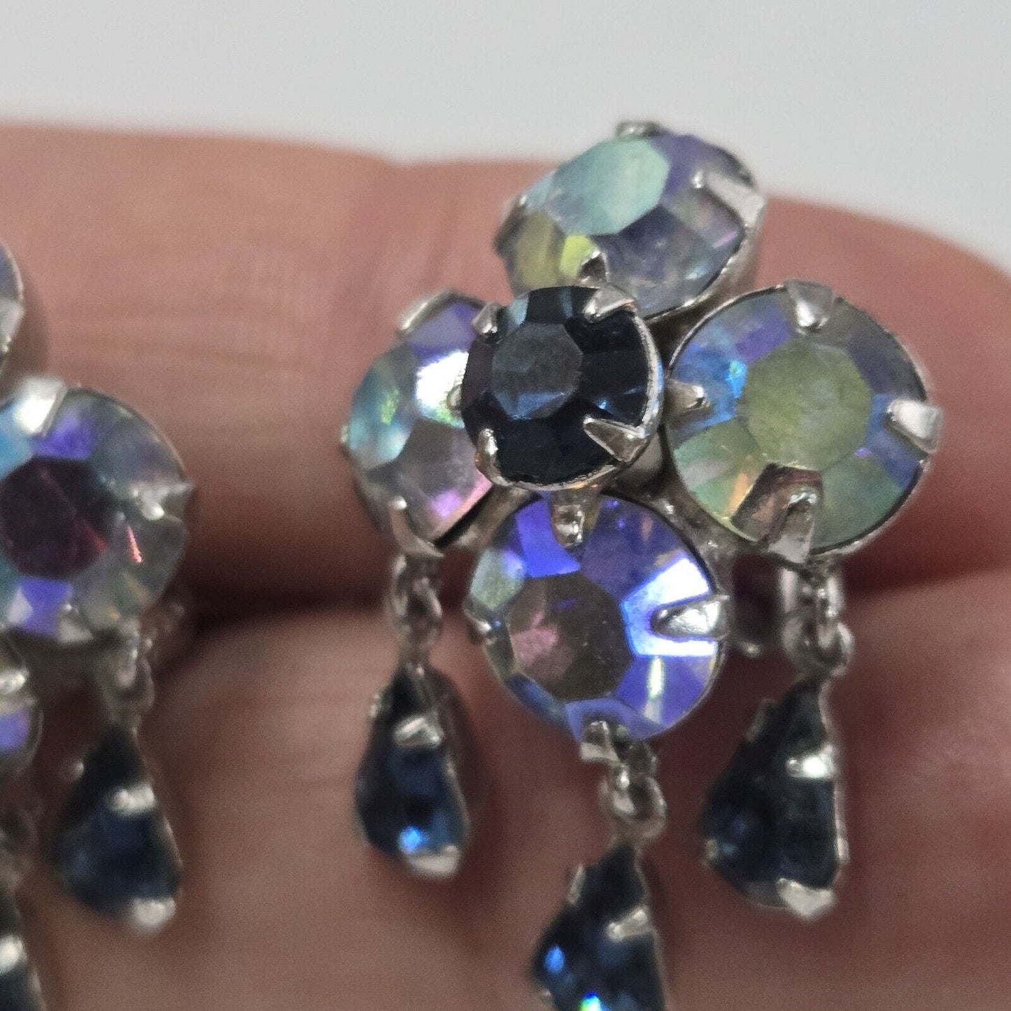 Vintage Adele Simpson High End Blue Aurora Crystals Raindrops Clip Earrings