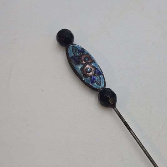 Antique Hat Pin Extra Long Blue Flower Cloisonné Enamel French Jet Beads 9.5”