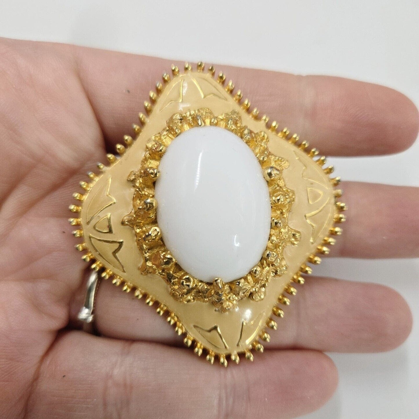 Vintage Jomaz Milk Glass Cabochon Oversized Gold Tone Enamel Brooch Pin Rhombus