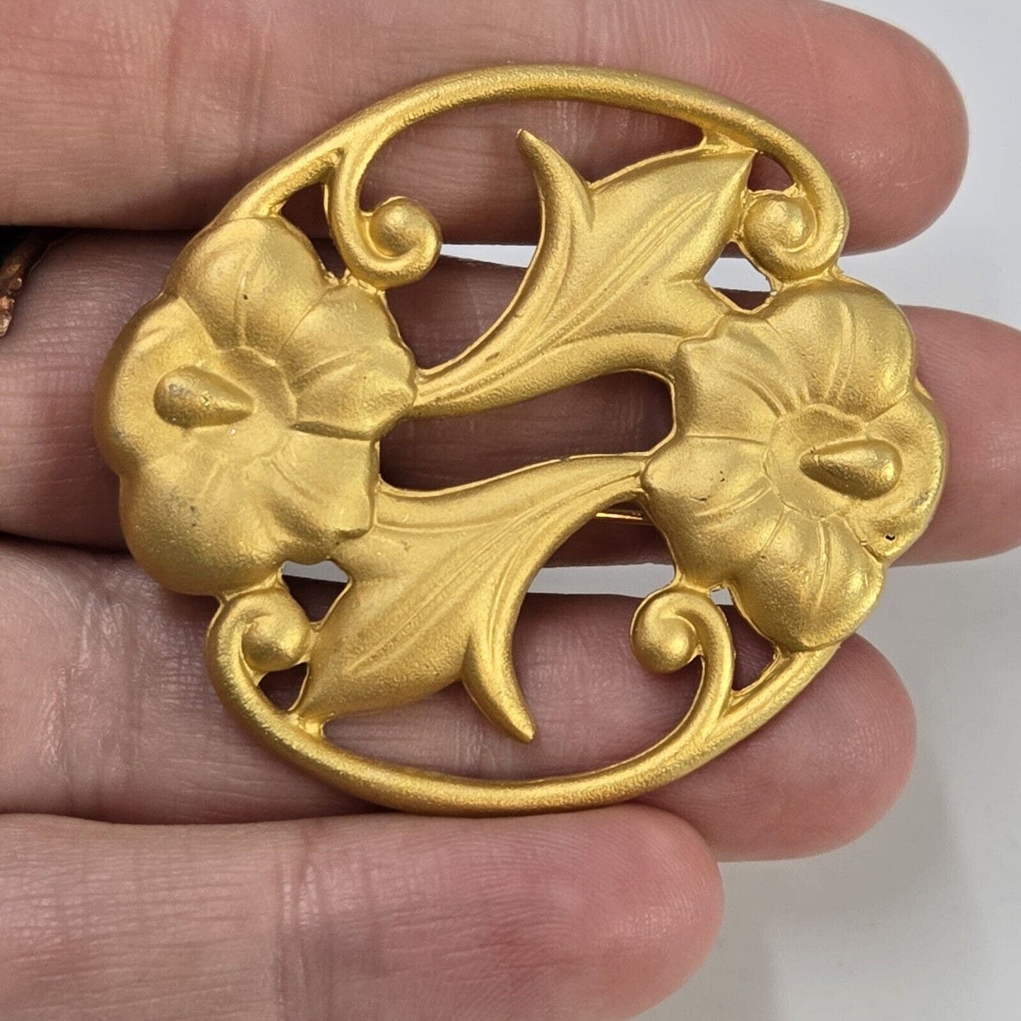 Vintage Art Nouveau Revival Brooch Matte Gold Tone Pin 2" Flowers