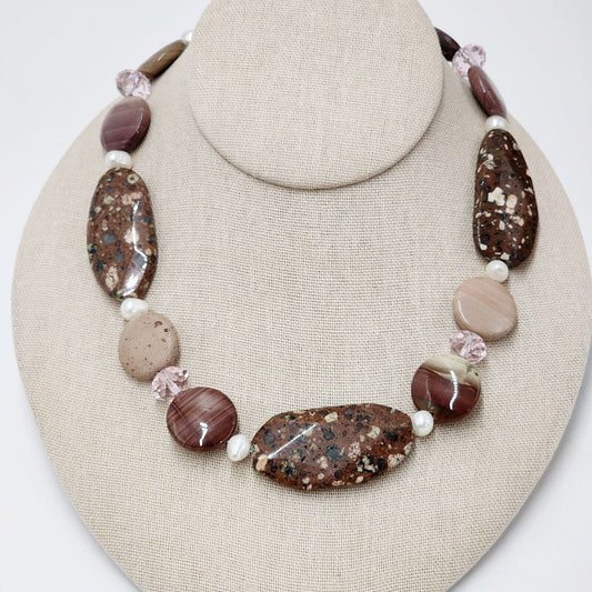 Natural Brown Rhyolite Agate And Genuine Pearl Chunky Statement Necklace 16"