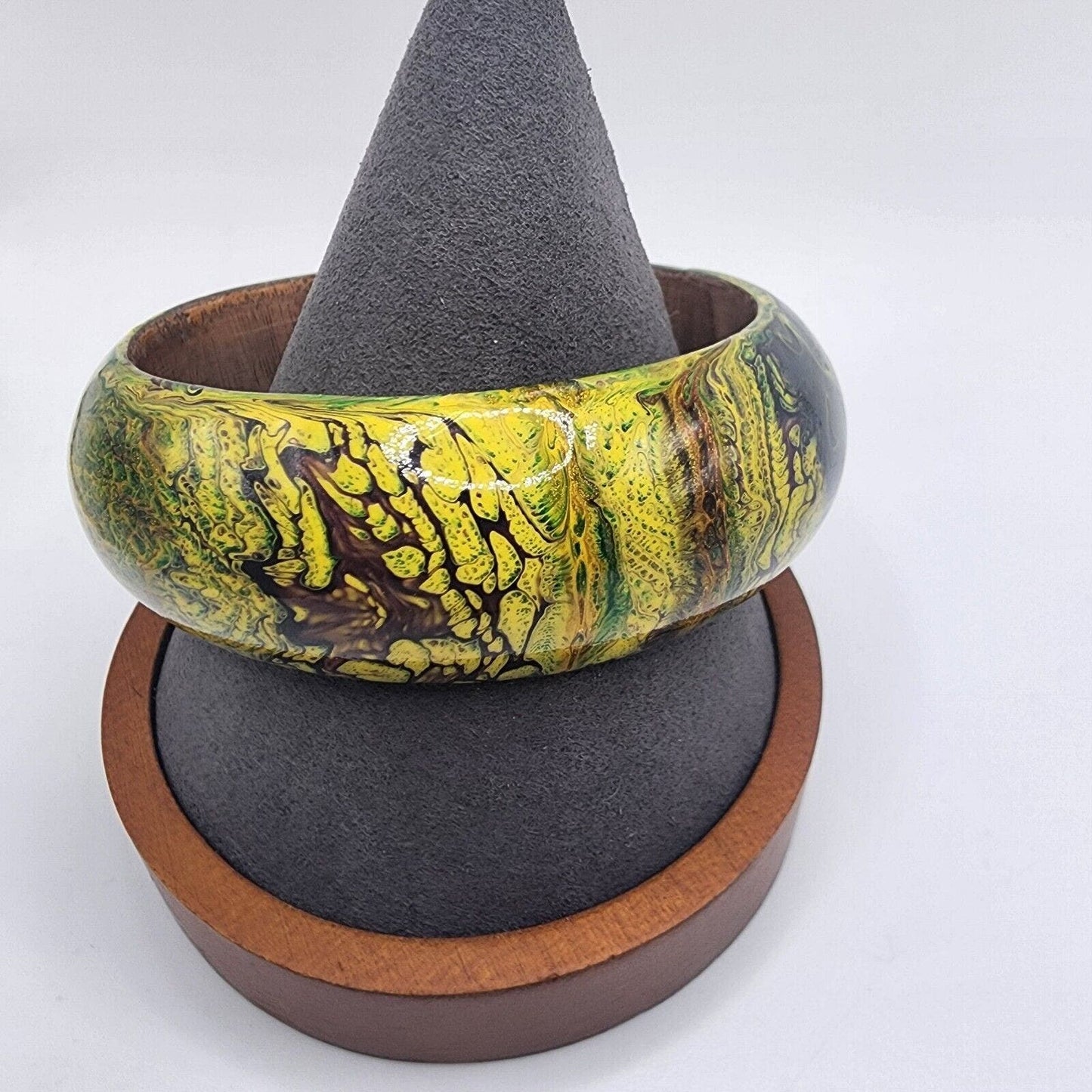 Artisan Paint Dipped Wood Bangle Bracelet Yellow Green Gold Swirl Fits 8.25"