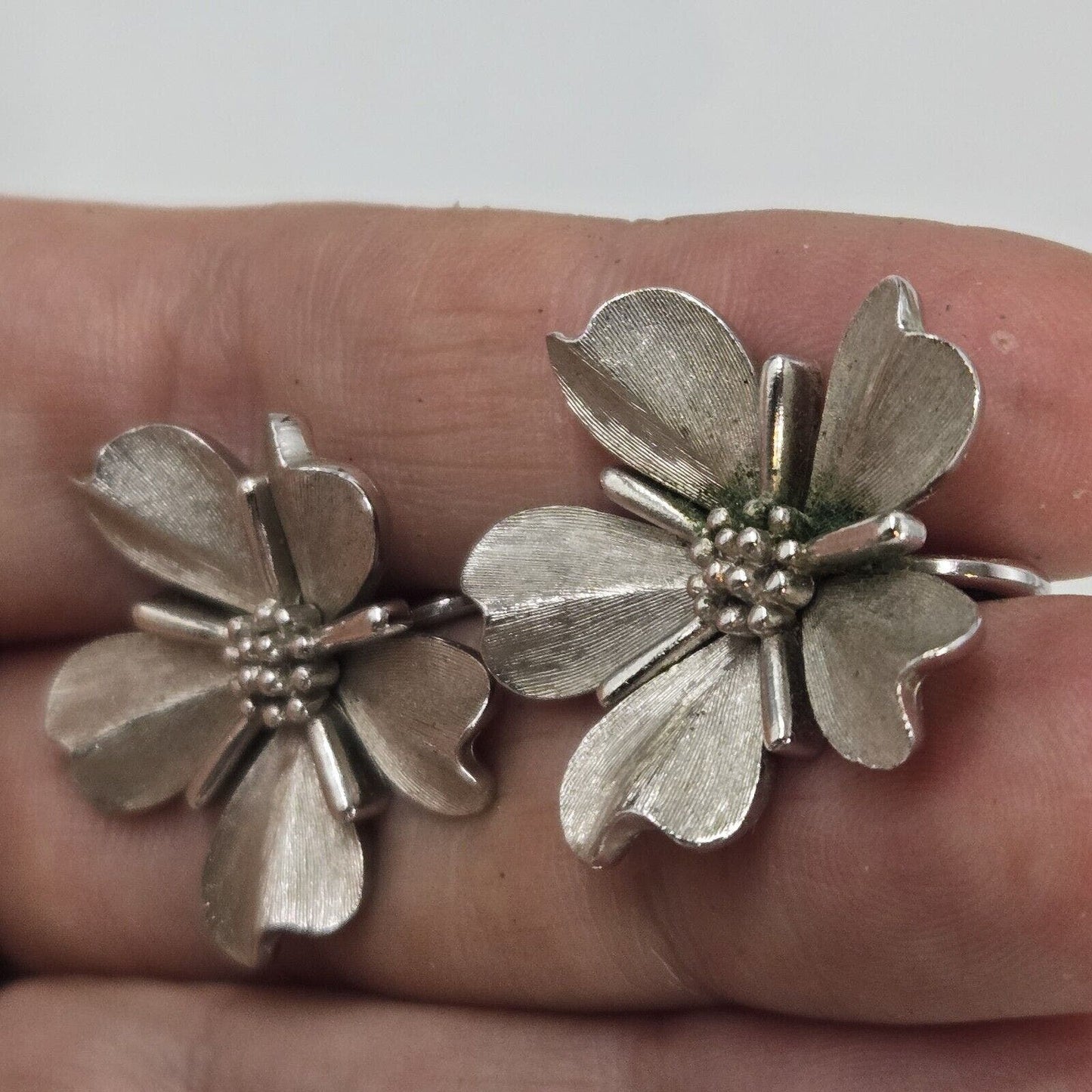 Vintage Crown TRIFARI Matte Silver Tone Dogwood Flower Clip On Earrings