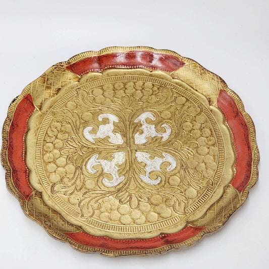 Vintage Italian Florentine Red And Gold Tray Round Scrolling 9" Skinner Collect