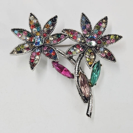 Vintage Hollycraft Large Daisy Flower Colorful Brooch Navette Rhinestones