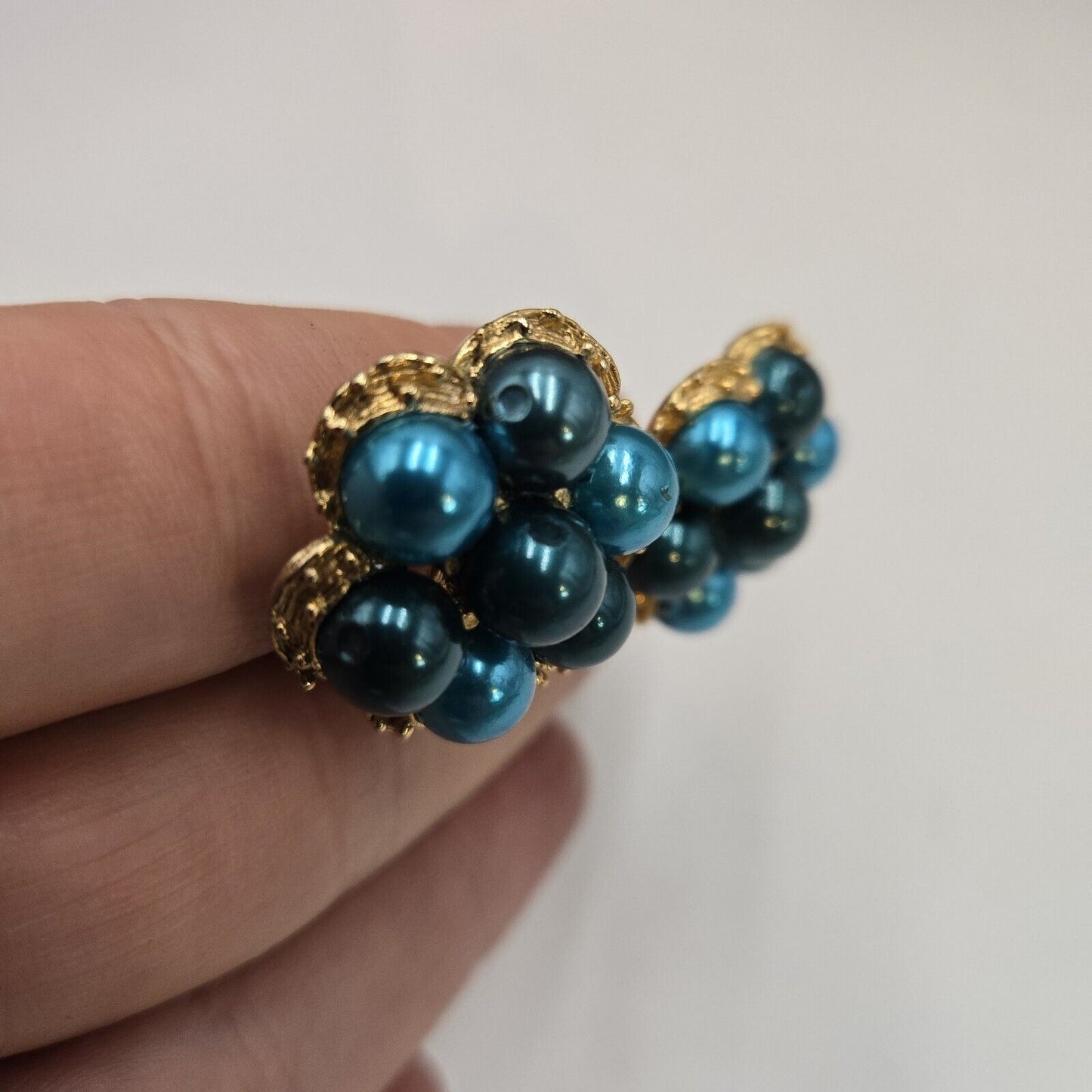 Vintage Teal Blue Faux Pearl Bead Cluster Gold Tone Clip Earrings