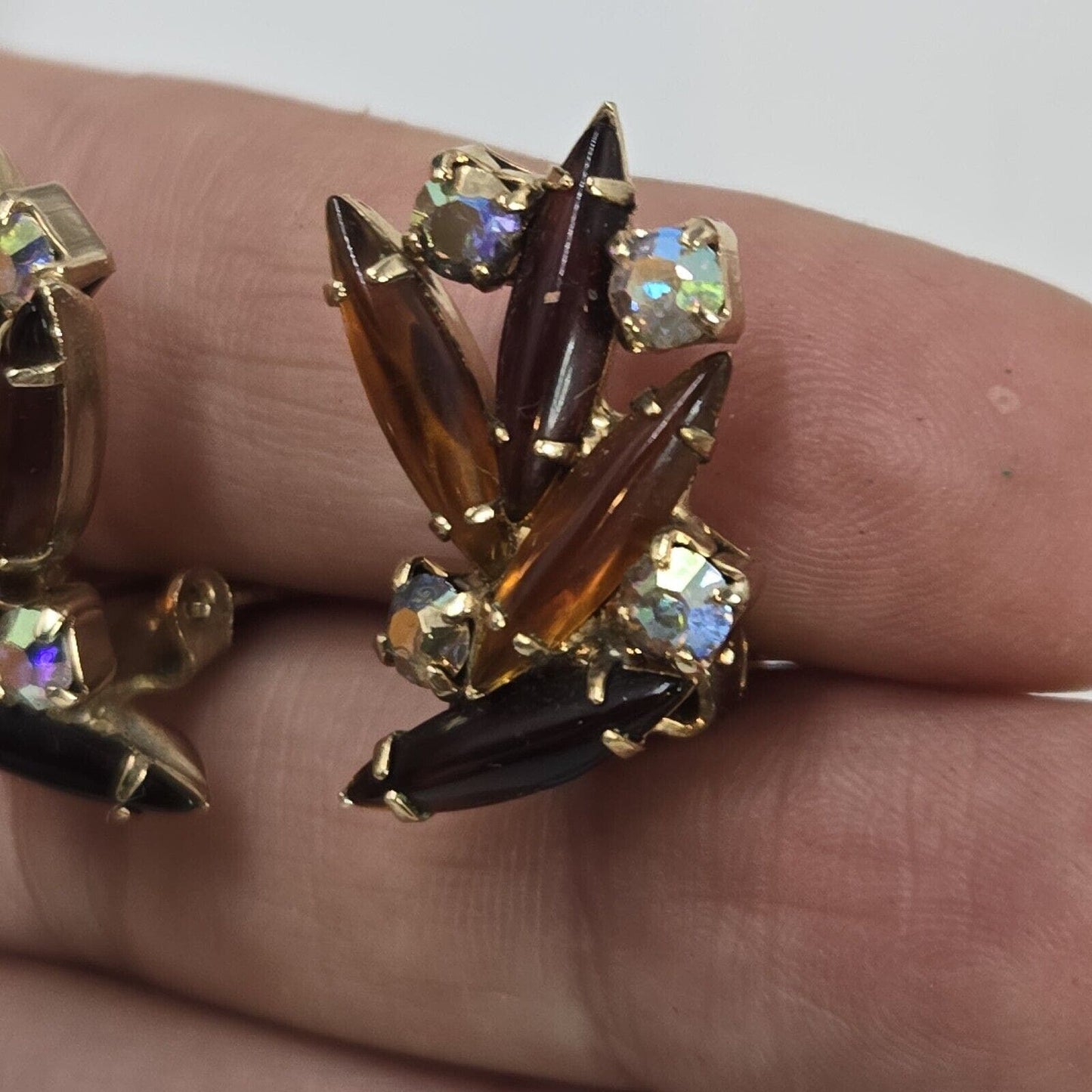 Vintage Juliana Amber Glass Navette Marquise Rhinestone Clip On Earrings