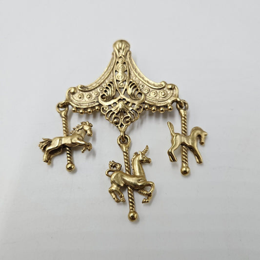 Vintage Etched Gold Tone Openwork Filigree Carousel Charm Dangle Brooch Pin