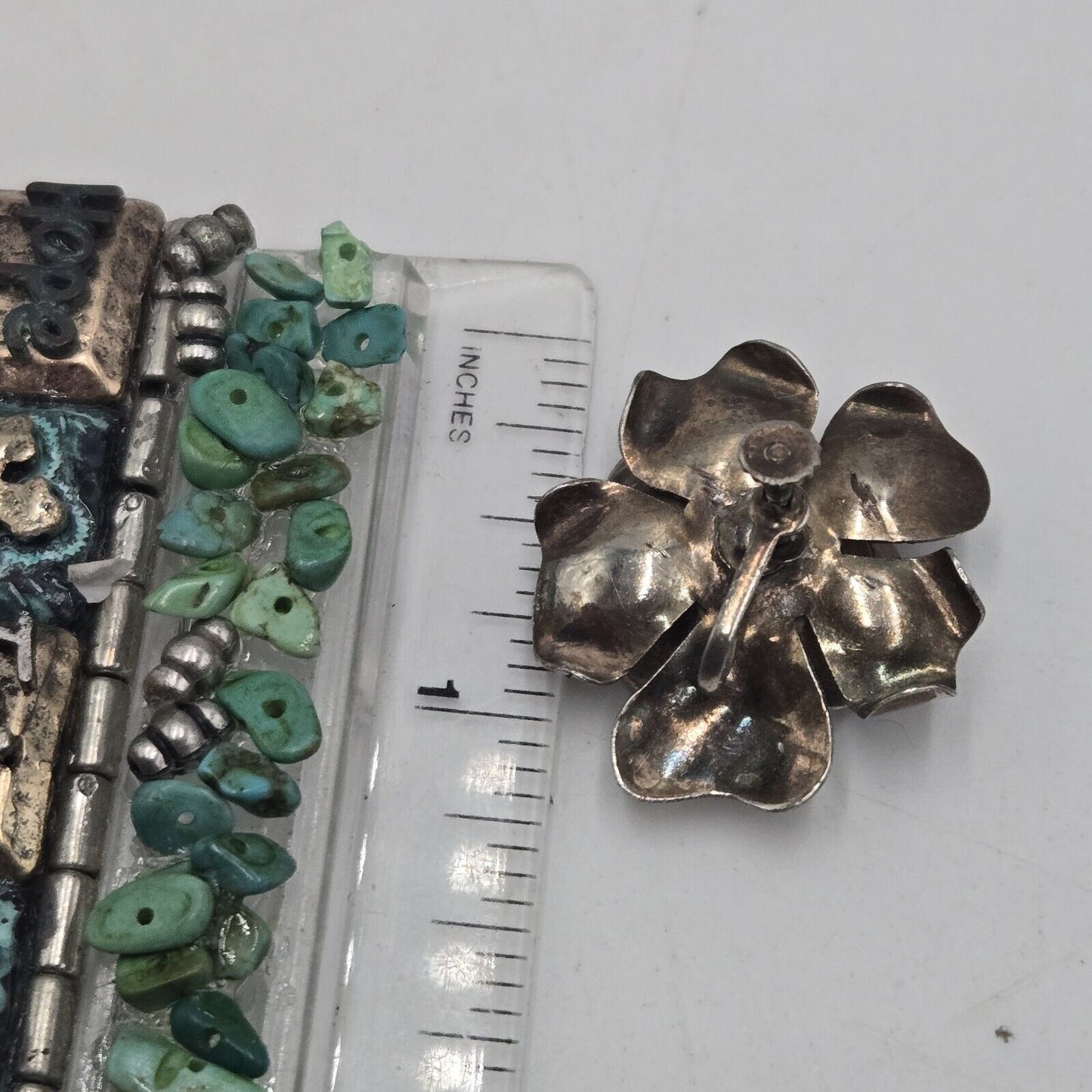 Vintage Sterling Silver Flower With Rhinestones Screw Back Earrings